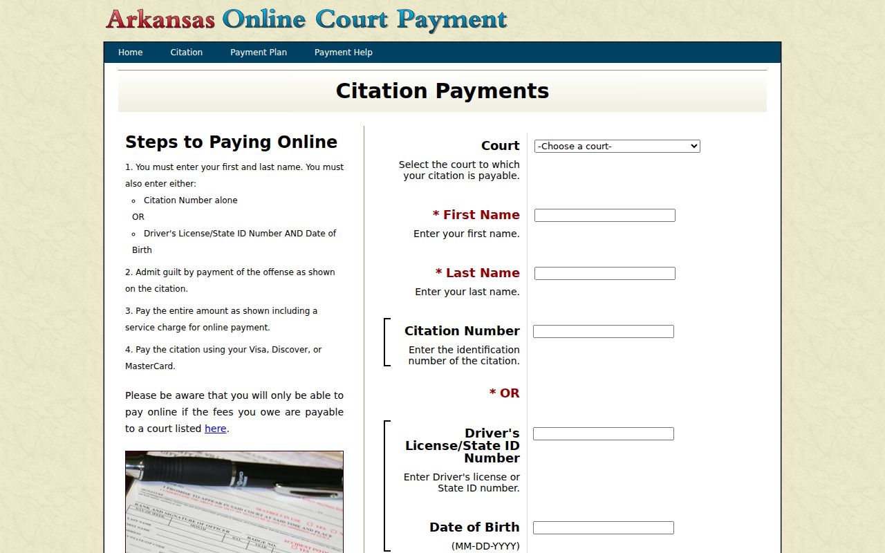 Mena court docket citation lookup and payment fields