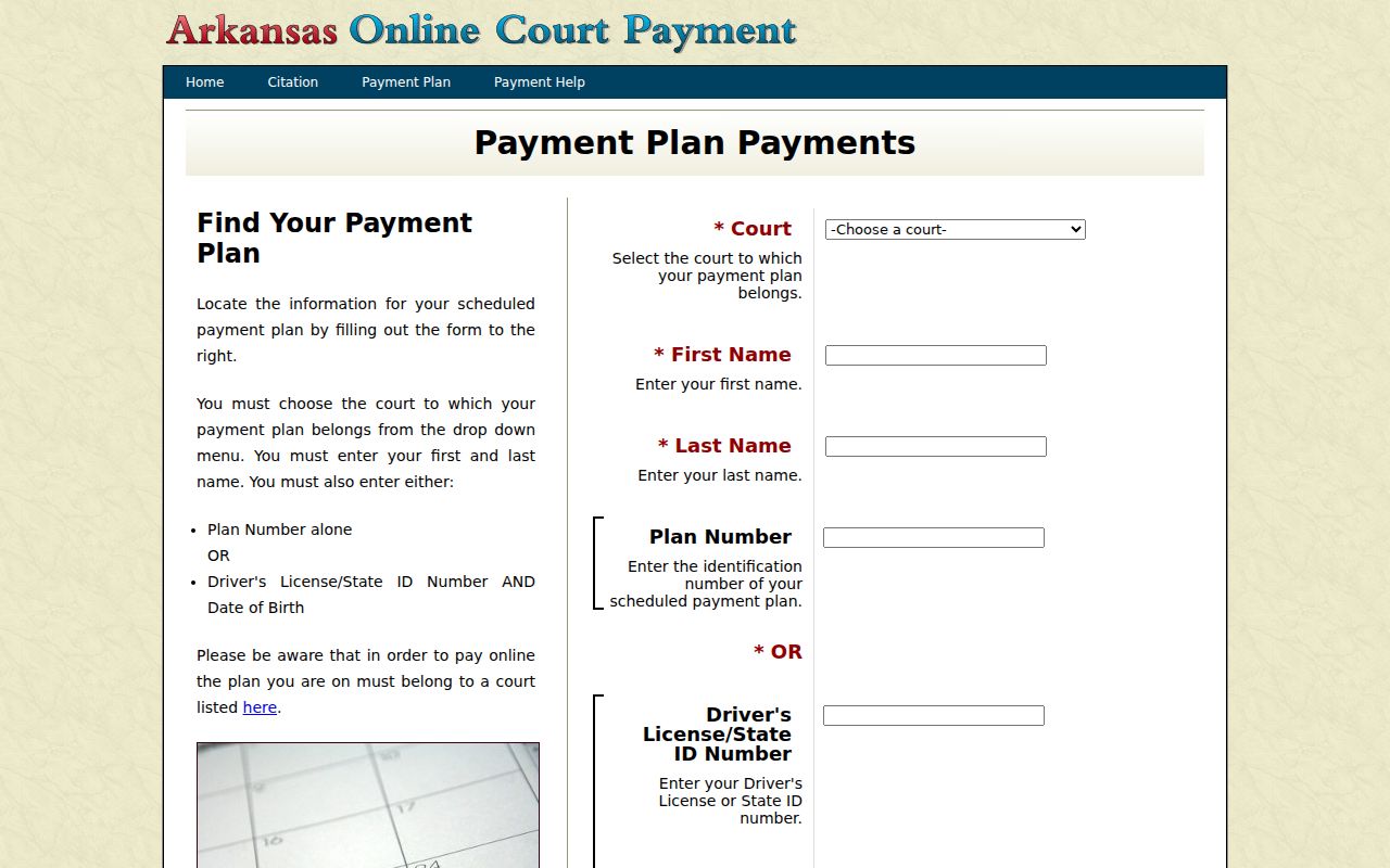 Mena court docket scheduled payment plan lookup